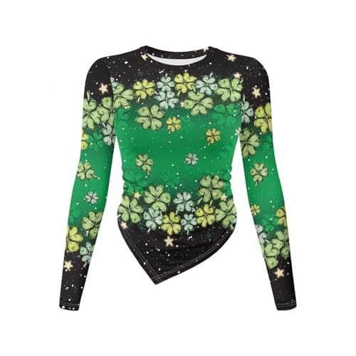 Gzzxiailg Lucky Leaf Girls Lightweight Workout Shirts Long Sleeve Bottoming Tops Casual Slim Fit Tee Tops Asymmetrical Tops Yoga Running Shirt for Spring Fall Autumn St. Patrick's Day Outfits