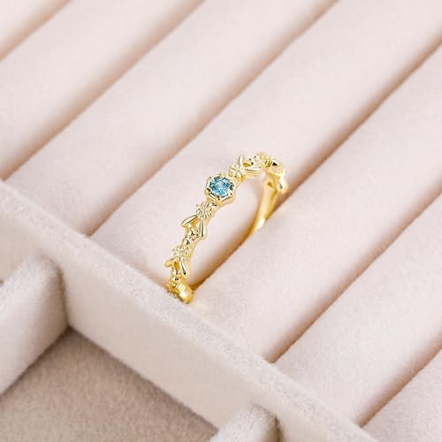 SHINYSO 14K Gold Plated Wedding Band for Women Created Blue Topaz Thin Stacking Ring CZ Eternity Engagement Ring Size 4-102