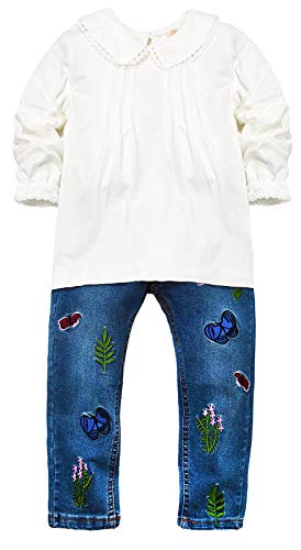 Image of Big Girls Letters Decor White Knitted Pullover Wahsed Flowers Embroidery Jeans Pants Set