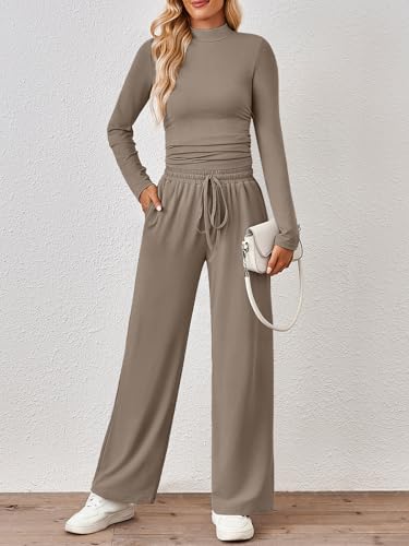 Trendy Queen Womens 2 Piece Matching Lounge Set Mock Turtleneck Top Wide Leg Pants Casual Sweatsuit with Pockets