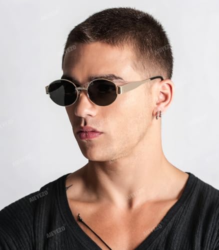 AIEYEZO Polarized Sunglasses for Women Men Retro Oval Sun Glasses Fashion Oval Metal Frames UV400 Protection Lens (Gold/Grey + Gold/Grey)3