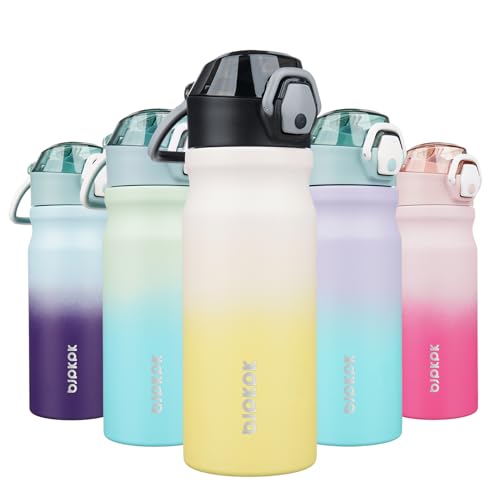 Image of BJPKPK 18 oz Water Bottle with Straw & Handle, Insulated Stainless Flask | Leak Proof Locking Lid, Thermal, Double Wall Vacuum, Keeps Hot /Cold, BPA Free, Dishwasher Safe, Travel & Sports, Lemon
