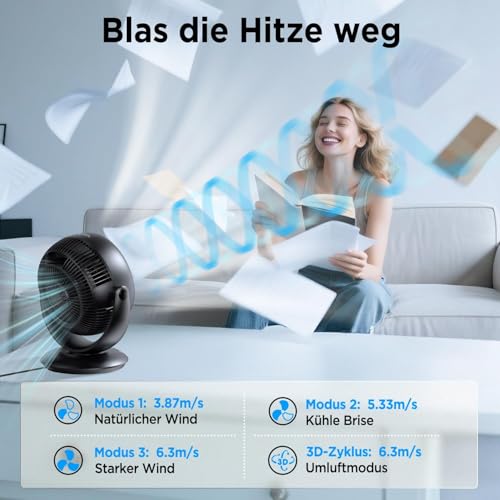 EasyAcc Ventilateur de Table Silencieux, 20dB Circulation Turbo Ventilateur 3D avec Télécommande /3 Vitesses/Réglable à 180 °/Minuterie de 2-12 heures pour Pièces de 25 m² Chambre à Coucher Salon – Image 5