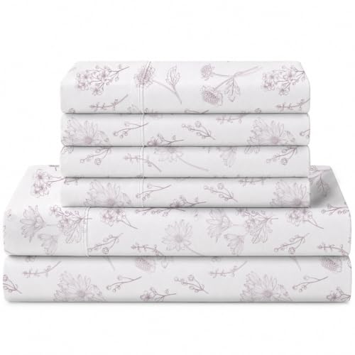 Image of Linen Home 100% Cotton Printed Percale Sheets King Size, Mauve Floral