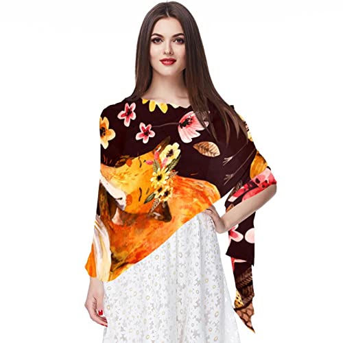 Foulard en mousseline de soie léger pour femme, écharpe motif renard bleu floral multicolore 18