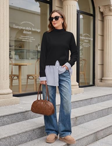 Image of Turtleneck Asymmetrical Sweaters for Women Patchwork 2 in 1 Pullover Knit Sweater Slit Button Down Shirt 2026 Fall