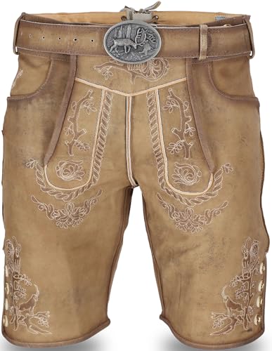 STEIGENHÖFER Lederhose Herren Tracht kurz - Franz - Vintage Trachtenhose mit Gürtel - 100% Rindsleder - Traditionelle Echtlederhose - Nubukleder - Ideal für dein Oktoberfest Herren Outfit - Braun - 54
