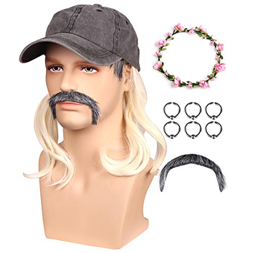 Hat Wig with Ear Clips and Flower Headband and Mustuche for Halloween