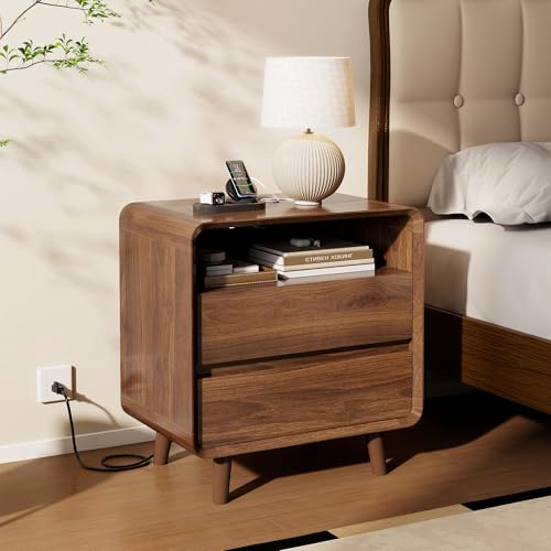 Image of Nasonet Night Stand Set 2 with Charging Station, 23.7'' Wide Mid Century Modern Nightstand with 2 Drawers, Wood Bedside Table with USB Ports for Bedroom, Curved Beveled Design, Walnut