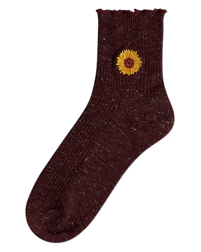 MeMoi Women's Sparkly Ribbed Lettuce Edge Embroidered Sunflower Crew Sock3