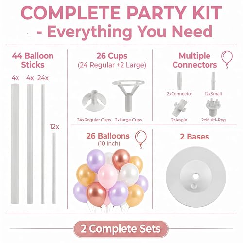 Image of Balloon Column Kit Set of 2,Anti-Tip Sand-Fill Base Balloon Tower Stand with 10 inch 26pc pink purple Balloons,Height Adjustable for Easter Birthday Wedding Bridal Party Decorations Graduation