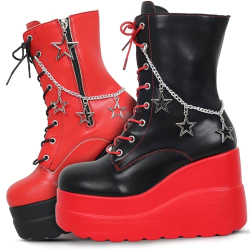 Gothniero Womens Combat Motorcycle Boots Black and Red Platform Chunky Ankle Moto Festival Rave Goth booties for Women Punk emo Boot with Metal Chains Side Zip Round Toe Size5.5-11