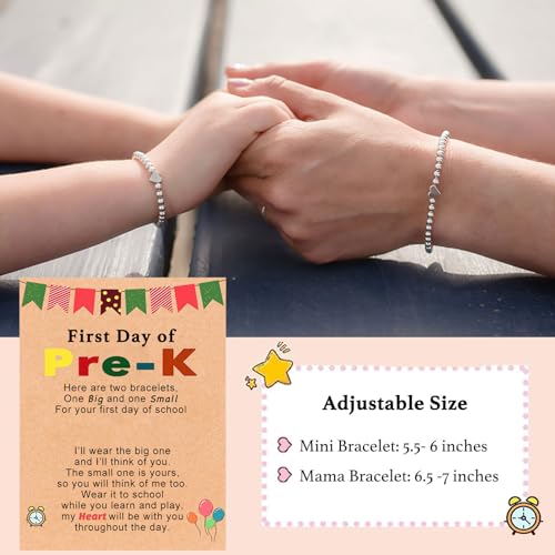 Image of 2Pcs First Day of Kindergarten Preschool Bracelets for Mommy and Me, Matching Heart Beaded Bracelets for Mother Daughter