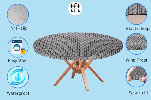 Image of The Furnishing Tree Round Elastic Fitted Dining Table Cover WxL 54x54 Inches Basketweave Pattern Grey