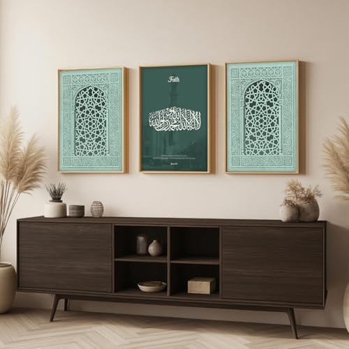 Image of ARTELLY Islamic Wall Painting for Wall Decoration, Living Room Bedroom Office Decor, Arabic Calligraphy Wall Poster Art Set of 3 (Art 5, 13 x 19 inch)