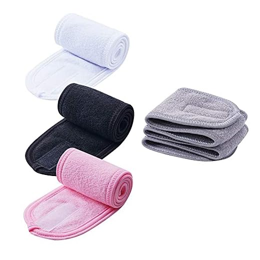 4 PCS Facial Spa Headbands(White, Black, Pink,Gray), Makeup Shower Bath Wrap Sport Headband Terry Cloth Stretch Towel with Magic Tape