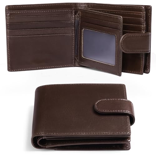 GOIACII Mens Wallet Large Capacity Genuine Leather RFID Blocking Bifold Wallets for Men with ID Window and 15 Card Slots
