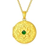 SOULMEET Sterling Silver Plated Gold Round Lotus Emerald Locket Necklace That Holds Two Pictures Natural Gemstone Locket Pendant Necklace (Locket Only)