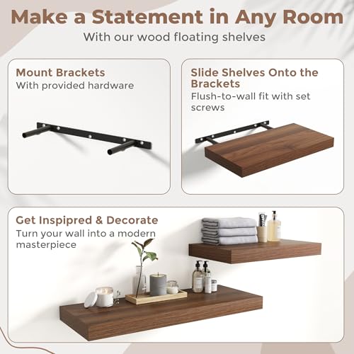 30 Inch Floating Shelves for Wall Set of 2, 12"D Wood Grain Bathroom Shelves with Invisible Brackets, Easy Install Engineered Wood Storage Shelves for Kitchen, Living Room, Bedroom, Walnut Finish by Marsmiles - Used condition - Image 5
