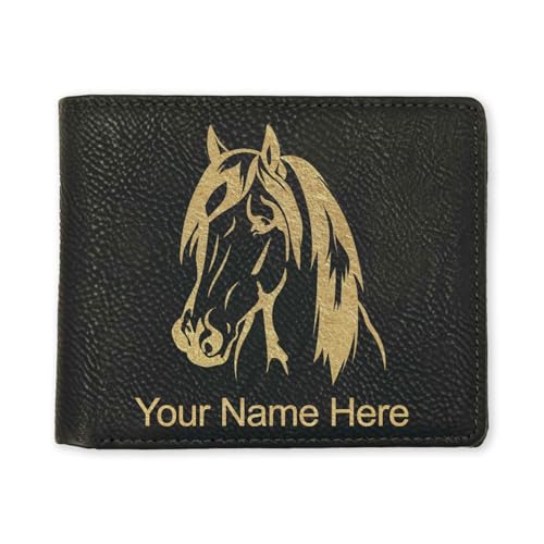 LaserGram Faux Leather Bi-Fold Wallet, Horse Head 1, Personalized Engraving Included (Black with Gold)