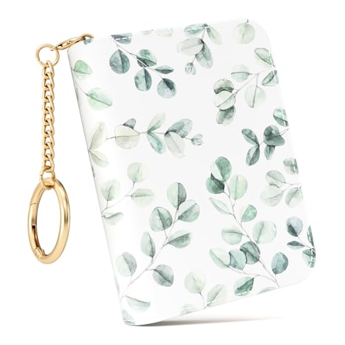Image of Credit Card Holder RFID Wallet for Women, Small Leather Card Organizer Case with Zipper and Keychain, Leaf