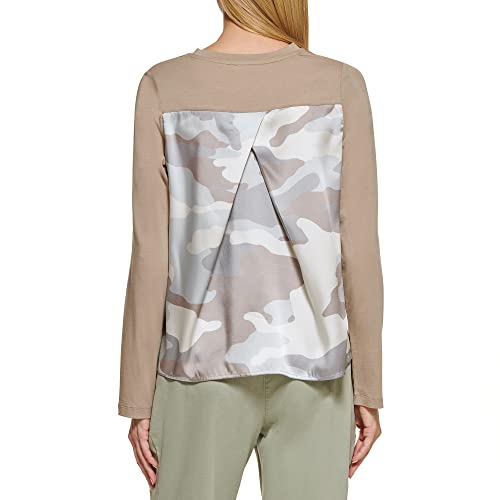 Image of DKNY Women's Long Sleeve Mixed Media Crewneck Sportswear Top