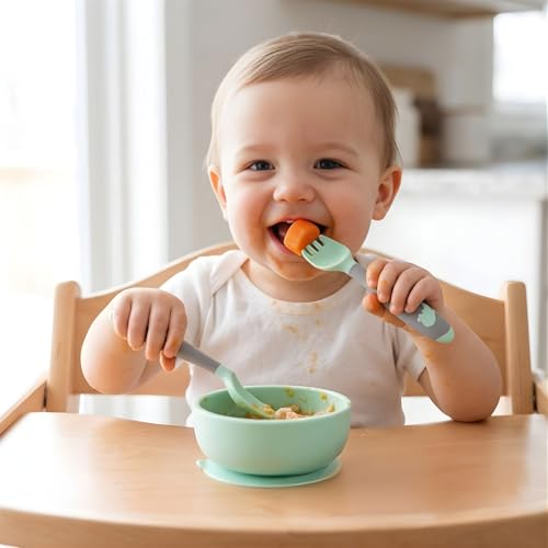 Image of Hian Baby Spoon & Fork Set with Travel Case | BPA Free TPA Soft Flexible Handle | Toddler Training Utensils for Self Feeding | Safe Baby Feeding Set for 6-36 Months(Green,Pack of 2)