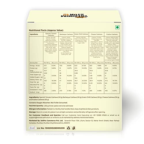 Image of Ministry of Nuts Premium Kaju Pack OF 5 Crazy Cashews Mini I Spanish tomato, Green Chili, Barbeque, Cheese and Pudhina 50g each I Total 250g