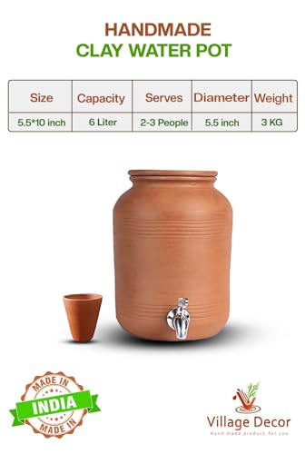 Village Decor Terracotta Water pot With Lid,Glass & 304 Stainless Steel tap |Preseasoned Terracotta Mud(Capacity 6000 ml / 202 oz)