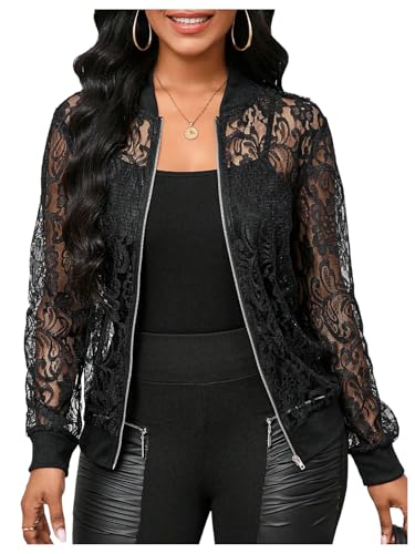 OYOANGLE Women's Lace Long Sleeve Bomber Jacket Stand Collar Sheer Zip Up Jackets Outwear