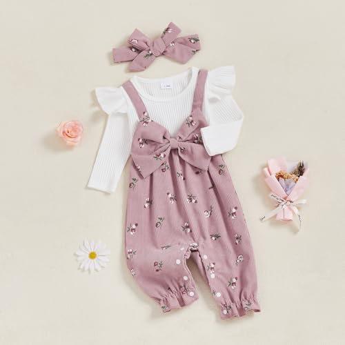Newborn Baby Girl Clothes Corduroy Floral Jumpsuit Bows Ruffle Romper +Headband Fall Winter Outfits2