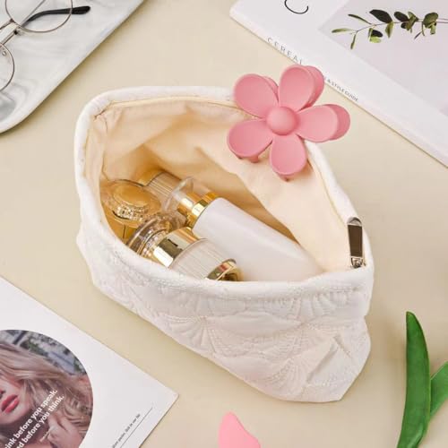 White Cotton Quilted Makeup Pouch，Cute Puffy Coquette Makeup Bag,Floral Cotton Quilted Cosmetic Bag for Women and Girls,Makeup Organizer Bag Zipper Pouch (White Shells)3