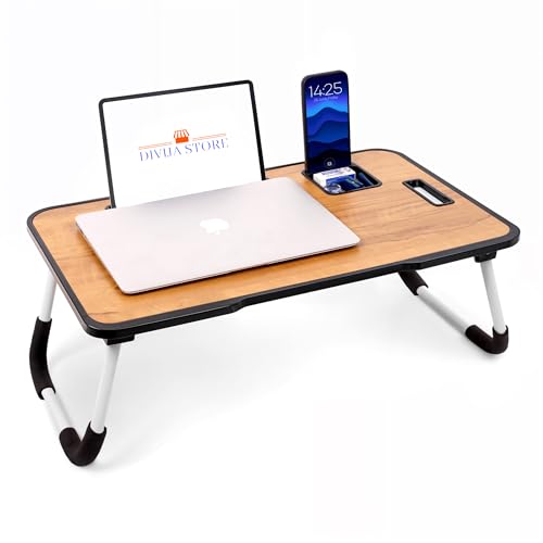 Image of Foldable Wooden Laptop Bed Tray Table, Multifunction Lap Tablet Desk with Cup Holder, for Eating Breakfast, Reading Book, Working, Watching Movie on Bed (Wood Bidding)