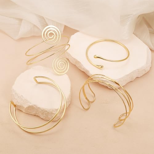 BROCC 4Pcs Gold Upper Arm Cuff for Women Open Adjustable Coil Arm Bracelets Minimalist Arm Armband Cuff Bracelets Set4