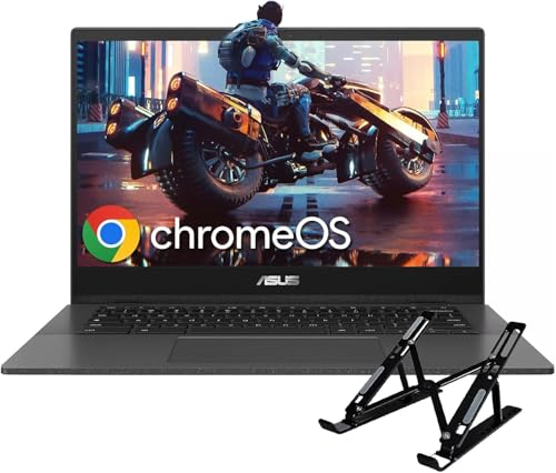 Image of ASUS 2024 Newest Chromebook CM1402 Laptop, 14 inch FHD Display, MediaTek Kompanio 520, 4 GB RAM, 64 GB eMMC, MediaTek Graphics, Bluetooth, Wi-Fi, Chrome OS, with 256 GB SD Card, Laptop Stand