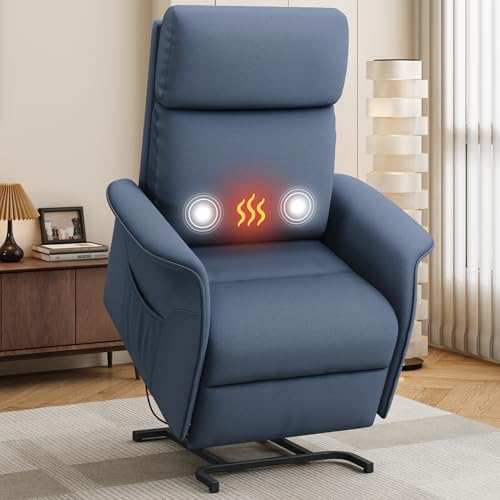 OKUP Power Lift Recliner Chair with Massage and Heat for Petite Elderly, Small Lift Chair with Side Pocket Remote Control, Infinite Position, Fabric, Navy Blue