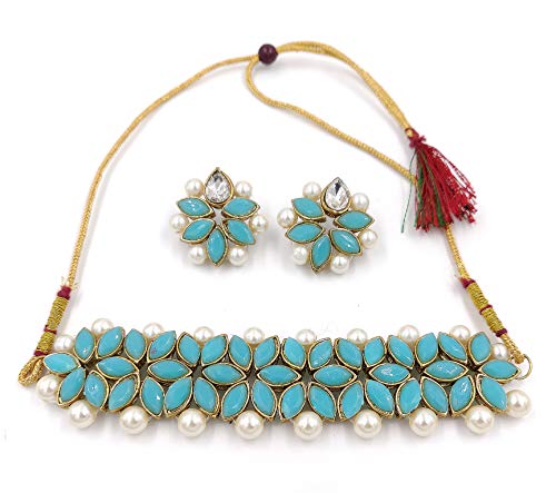 ZaffreCollections Sky Blue Crystal Flower Choker with Earrings for Women & Girls