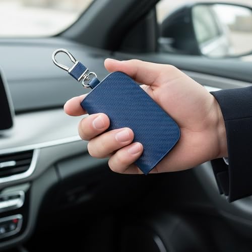 Image of KMH Premium Carbon Fiber Blue Car Key Wallet Bag | Smart Keychain Holder with Metal Hook Keyring Zipper Bag | Wallet for Key Cover Shell Case Pouch Holder, Key Zipper Fob Protector - Pack of 1