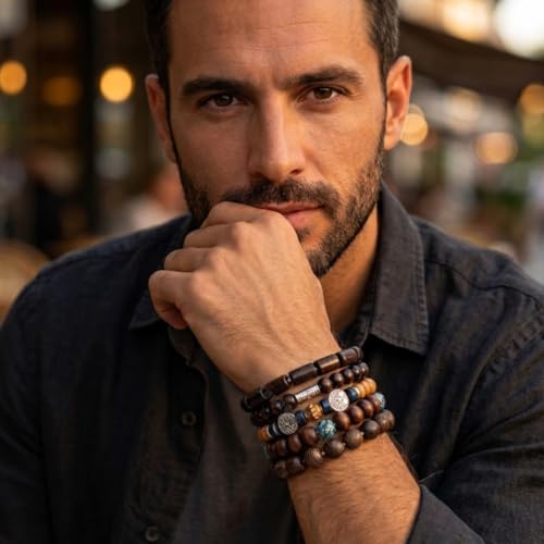 Image of Young & Forever Multi-Pack Men's Leather Bracelet Set - Braided Rope, Vintage Bead, Gothic Punk Skull, & Boho Wrapped Multi-Layer Cuff Wristbands, Adjustable Jewelry Pack