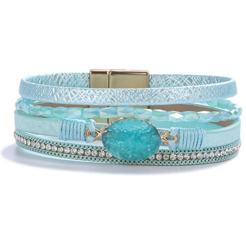 FANCY SHINY Boho Leather Wrap Bracelet Stackable Chunky Crystal Cuff Bracelets with Magnetic Clasp Cowboy Cowgirl Western Summer Beach Outfits Jewelry Gifts for Women (7.7 Teal)
