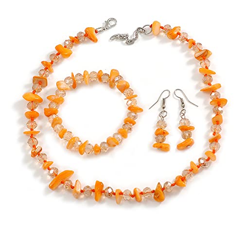 Collar de concha naranja con cierre plateado de 40 cm y pendientes de gota ligeros