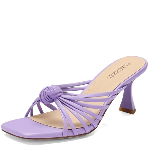 SLXCHBSL Slip On Kitten Heels for Women Square Open Toe Knotted Heeled Sandals for Dress Party Prom Low Heel 2.75 Inch Purple Size 8