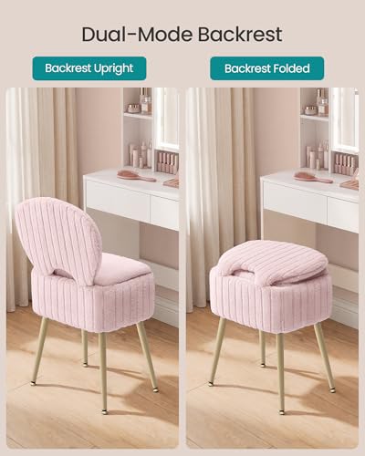 Image of SONGMICS Small Vanity Chair with Storage and Folding Back, Vanity Stool, Footrest Footstool Ottoman, Dressing Table Stool, Furry Padded Seat, for Makeup Room, Bedroom, Jelly Pink ULOM532SA01