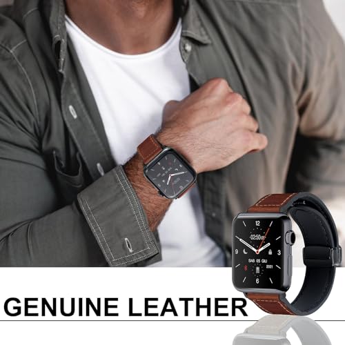 TERRIFI Magnetic Leather Watch Band for Apple Watch Ultra, 49mm/45mm/44mm/42mm - Magnetic Buckle Replacement Genuine Leather Strap for Apple Watch Series