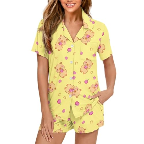 Image of Women's Short Sleeve Sleepwear Button 2 Piece Plus Size Pajamas Casual Soft Stretchy Funny Nightwear with Pockets