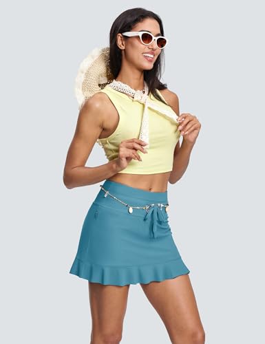 ISEEGZ Women's High Waisted 15'' Swim Skirts Tummy Control Bathing Suit Skirt Bottoms Swimsuit with Liner Pockets - Image 4