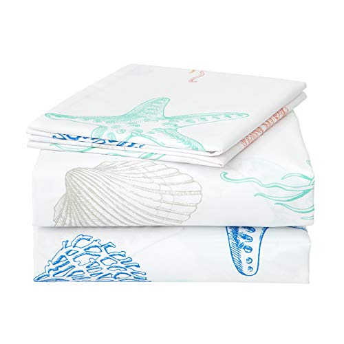 Image of JSD Beach Theme Kids Sheet Set Twin, 3 Piece Starfish Jellyfish Coastal Summer Microfiber Bed Sheets Deep Pocket