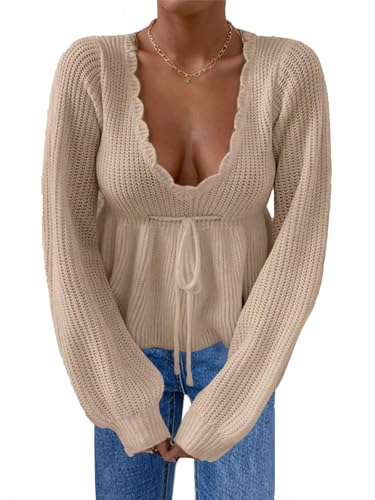 Womens Scalloped Deep V Neck Long Sleeve Sweater Casual Sexy Tie Front Empire Waist Babydoll Ribbed Knit Tops Chunky Pullover