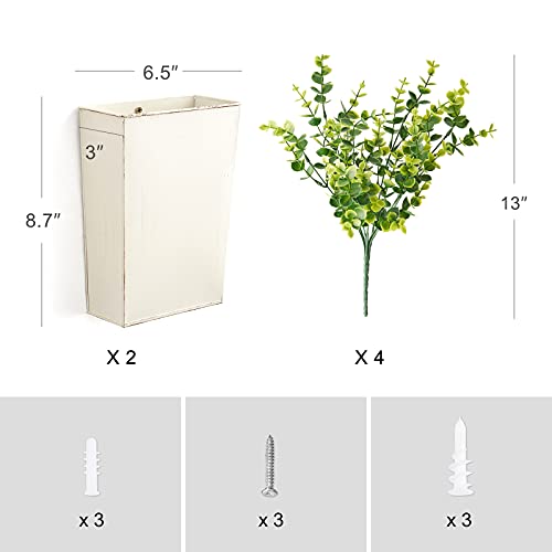 Dahey 2 Packs Metal Wall Planter Vase with Artificial Eucalyptus, Farmhouse Wall Decor Hanging Fake Plants Flowers Holder for Country Rustic Bedroom Bathroom Living Room Kitchen Decoration, White