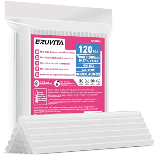 EZUVITA Mini Size Hot Glue Sticks, 0.27” Dia x 8” Long, 120-Pack Clear Hot Melt Glue Gun Sticks for All-Temp Mini Glue Guns, Multipurpose for DIY Art Craft General Repairs, Festival Decorations